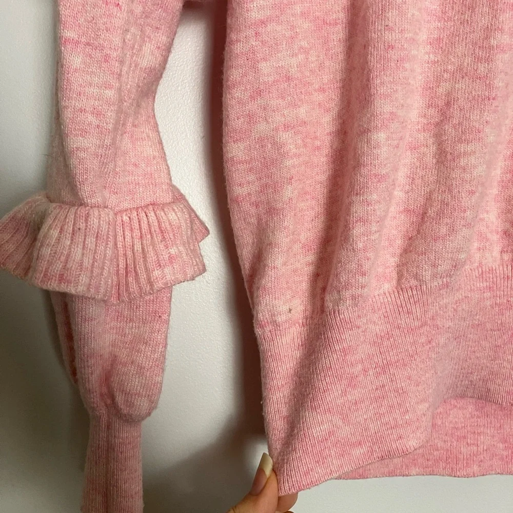 J. Crew Pink Wool Blend Warm Sweater with Ruffled Long Sleeves
